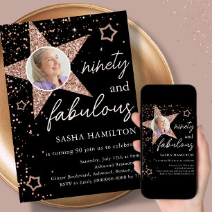 Black & Rose Gold Glitter Star 90th Birthday Invitation