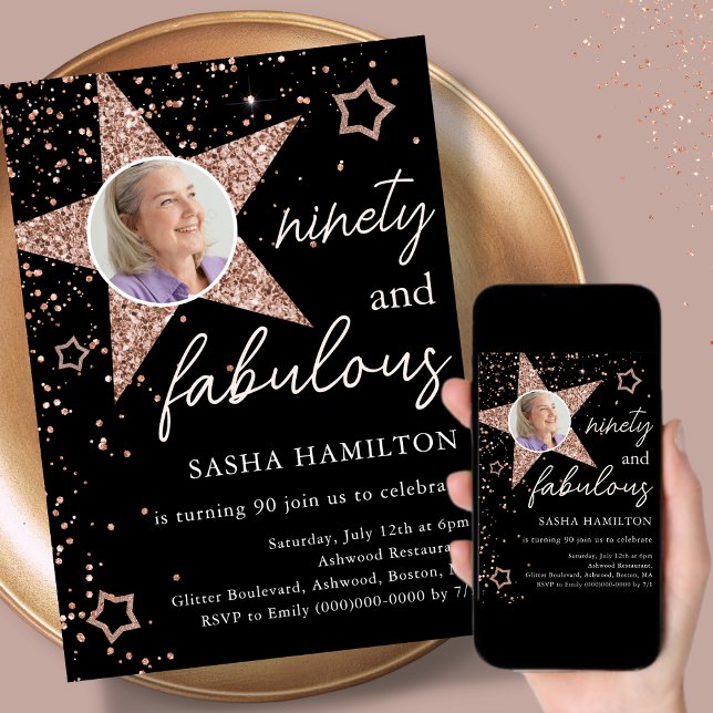 Black & Rose Gold Glitter Star 90th Birthday  Invitation (Creator Uploaded)