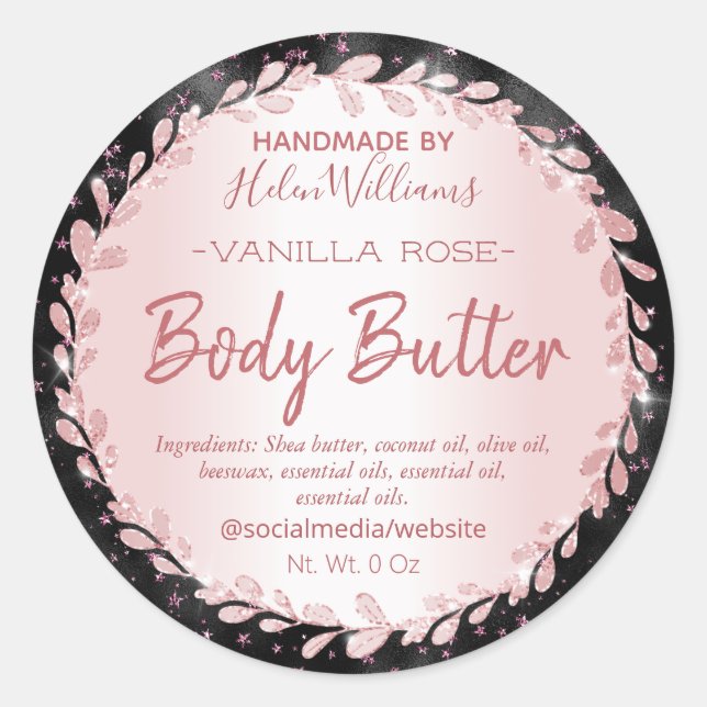 Black Rose Gold Glitter Stars Body Butter Labels (Front)