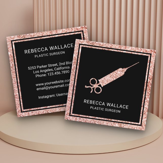 Black Rose Gold Glitter Syringe Plastic Surgeon Square Business Card (Creator Uploaded)