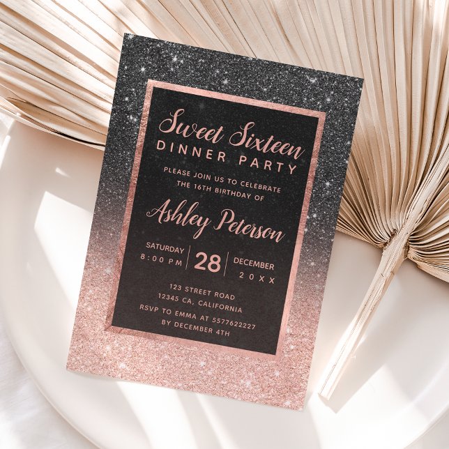 Black rose gold glitter typography Sweet 16 Invitation (Creator Uploaded)