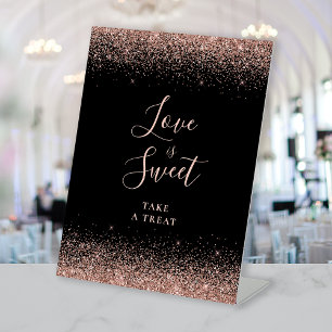 Black Rose Gold Glitter Wedding Love Is Sweet Pedestal Sign