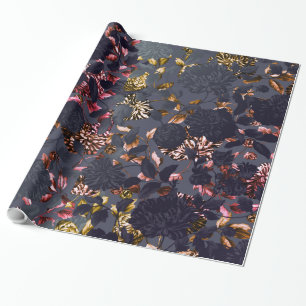 Black Rose Gold Grey Modern Vintage Floral Toile Wrapping Paper