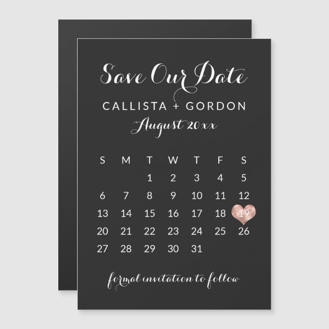 Black Rose Gold Heart Calendar Save the Date Magnetic Invitation (Front/Back)