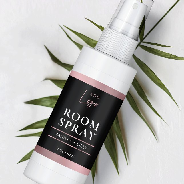 Black & Rose Gold Logo Air Freshener Spray Label (Elegant black and rose gold room spray label design with space for your logo)
