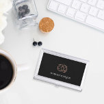 Black & Rose Gold Lotus Flower Personalised Business Card Holder<br><div class="desc">Elegant business card holder for yoga instructors,  holistic health and wellness practitioners,  spa employees or massage therapists features your name and/or business name in classic white lettering on a black background adorned with a faux rose gold foil lotus flower illustration.</div>