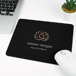 Black & Rose Gold Lotus Logo Mouse Mat<br><div class="desc">Chic personalised mousepad for your spa, holistic health & wellness, yoga studio, or massage therapy business features two lines of custom text in classic white lettering, on a rich black background adorned with a faux rose gold foil lotus flower logo. A silhouette of a meditating person is subtly worked into...</div>