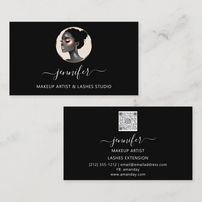 Black Rose Gold Makeup Artist Logo Lashes QR CODE Business Card (Front/Back)