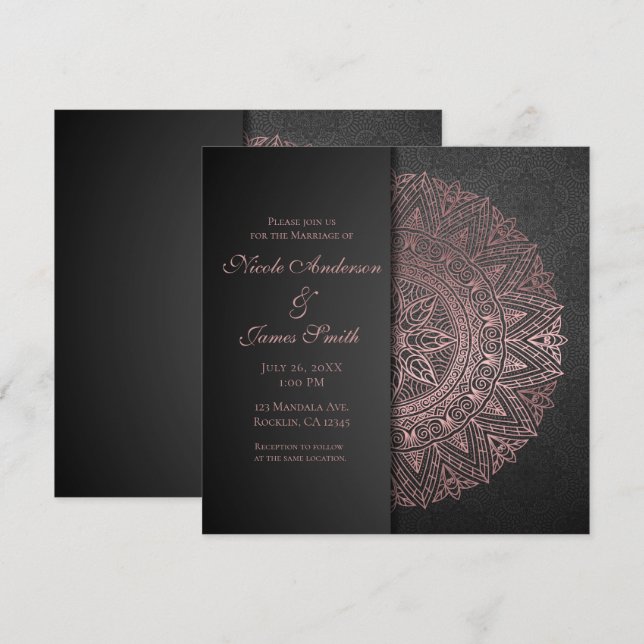 Black & Rose Gold Mandala Elegant Wedding Marriage Invitation (Front/Back)