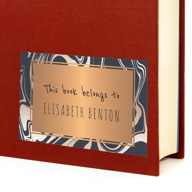 Black rose gold marble glam gold bookplate rectangular sticker (Creator Uploaded)