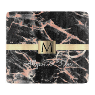 Black & Rose Gold Marble Gold Band Name & Monogram Cutting Board