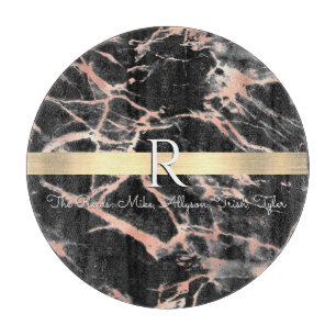 Black/Rose Gold Marble Gold Bar, Wht Name Monogram Cutting Board