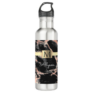 Black & Rose Gold Marble Gold Box, Name & Monogram 710 Ml Water Bottle