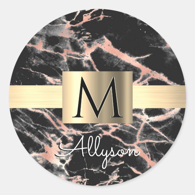 Black & Rose Gold Marble Gold Box, Name & Monogram Classic Round Sticker (Front)