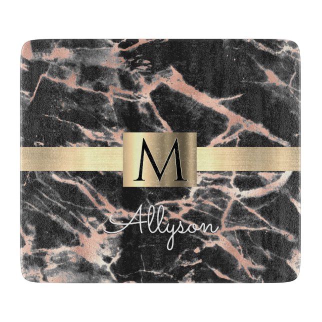 Black & Rose Gold Marble Gold Box, Name & Monogram Cutting Board (Front)