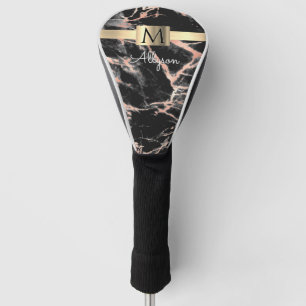 Black & Rose Gold Marble Gold Box, Name & Monogram Golf Head Cover