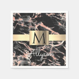 Black & Rose Gold Marble Gold Box, Name & Monogram Napkin