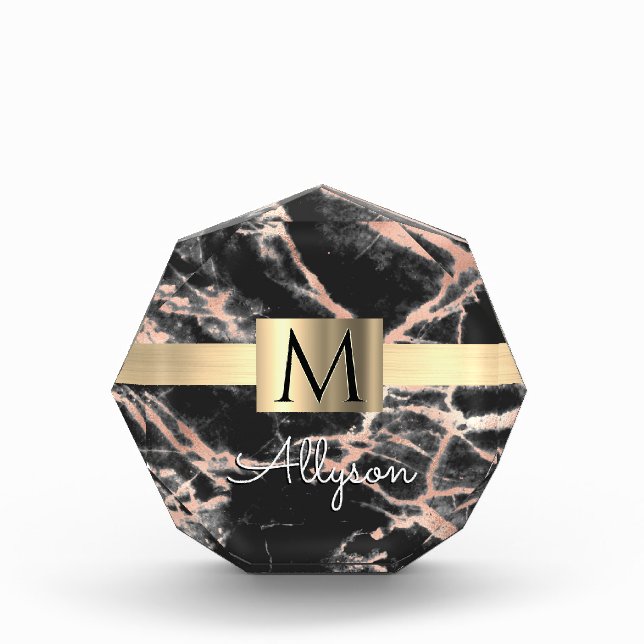 Black & Rose Gold Marble Gold Box, Name & Monogram Photo Block (Front)