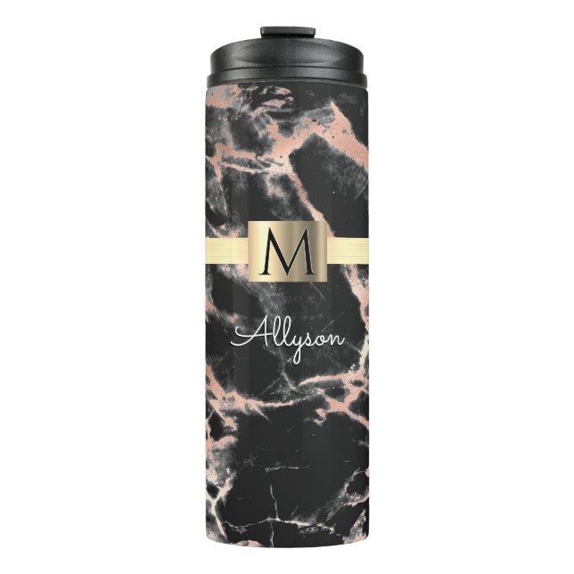 Black & Rose Gold Marble Gold Box, Name & Monogram Thermal Tumbler (Front)