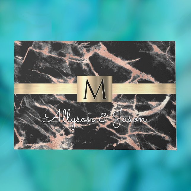 Black & Rose Gold Marble Gold Box Names & Monogram Doormat (Creator Uploaded)
