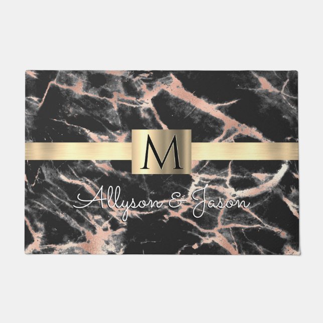 Black & Rose Gold Marble Gold Box Names & Monogram Doormat (Front)
