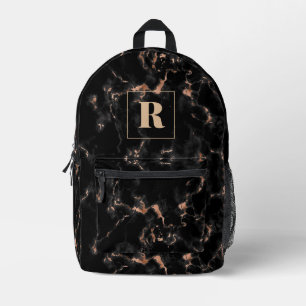 Black & Rose Gold Marble Monogram Printed Backpack