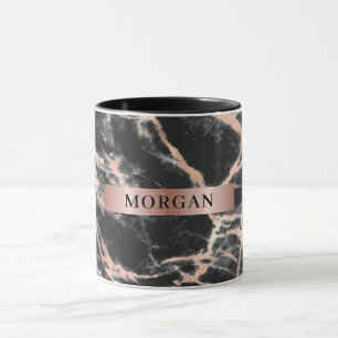 Black & Rose Gold Marble, Name on Rose Gold Band M Mug