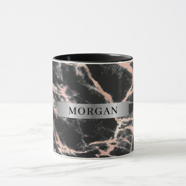 Black & Rose Gold Marble, Name on Silver Band Mug (Center)