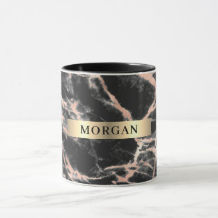 Black & Rose Gold Marble, Name on Yellow Gold Band Mug