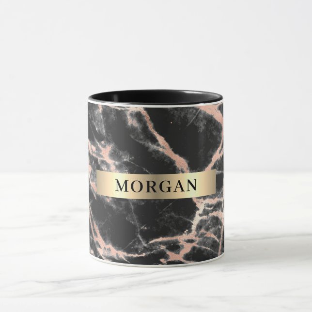Black & Rose Gold Marble, Name on Yellow Gold Band Mug (Center)