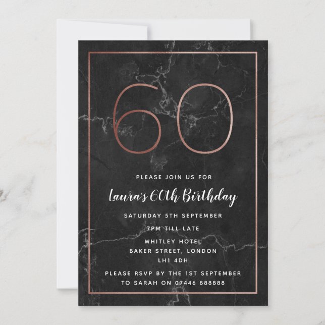 Black & Rose Gold Marbled 60th Birthday Invites (Front)