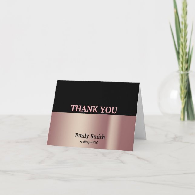 Black & Rose Gold Modern Makeup Artist Thank You Card (Front)