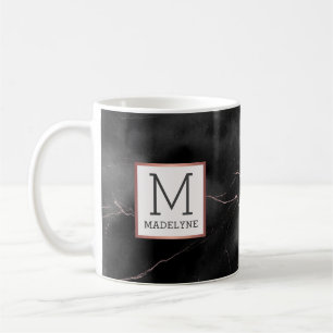 Black Rose Gold Modern Marble Look Monogram Coffee Mug