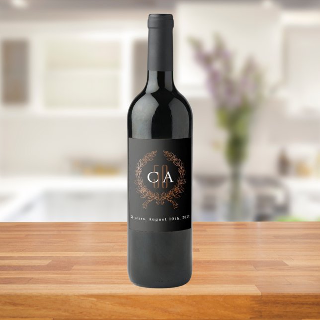 Black rose gold monogram 50th wedding anniversary wine label (Creator Uploaded)