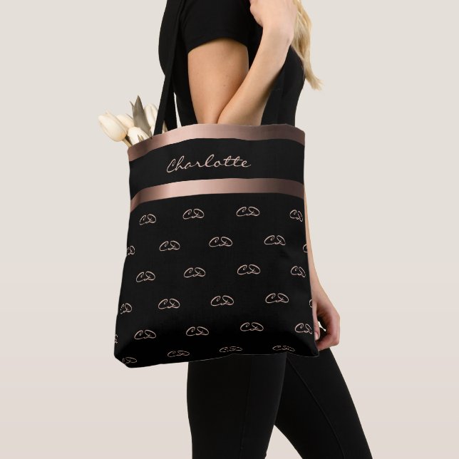 Black rose gold monogram initials pattern name tote bag (Close Up)