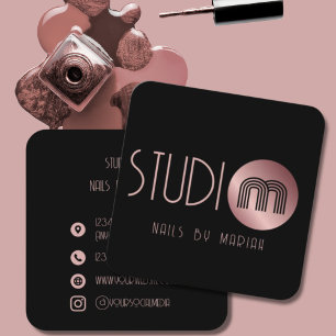 Black Rose Gold Monogram Nail Artist Square Business Card