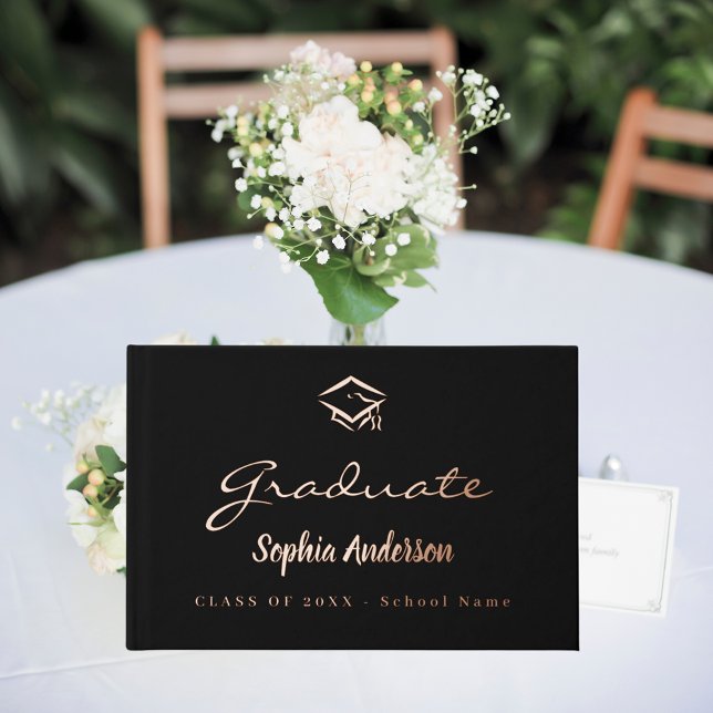 Black rose gold name script cap Graduation Guest Book (Creator Uploaded)