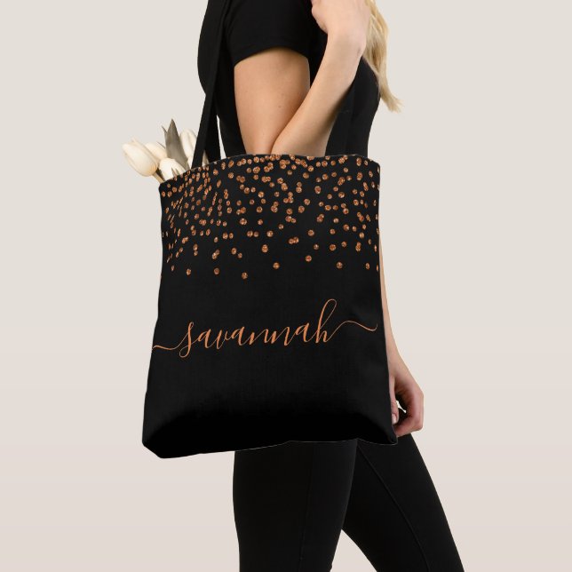 Black rose gold name script tote bag (Close Up)