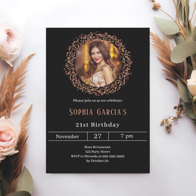 Black rose gold photo glitter birthday invitation (Creator Uploaded)