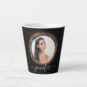 Black rose gold photo name script glamourous latte mug