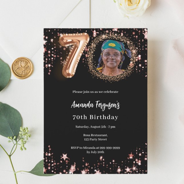 Black rose gold photo stars 70th birthday invitation (Creator Uploaded)