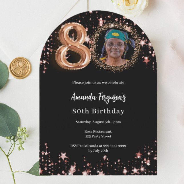 Black rose gold photo stars 80th birthday arch invitation (Creator Uploaded)