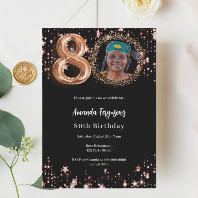 Black rose gold photo stars 80th birthday invitation (Creator Uploaded)
