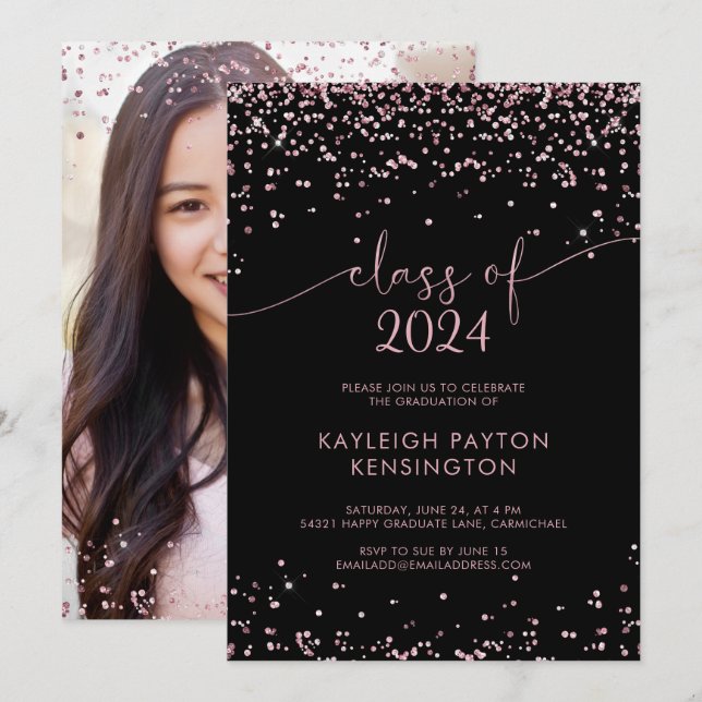 Black Rose Gold Pink Glitter Graduation Party  Announcement (Front/Back)