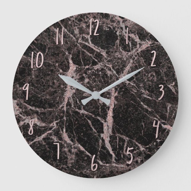 Black & Rose Gold Pink Glitter Marble Glam Trendy Large Clock (Front)
