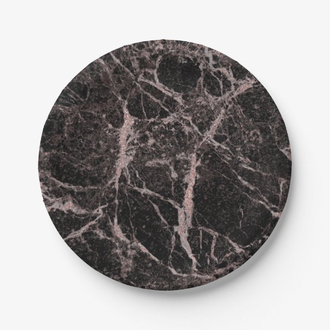 Black & Rose Gold Pink Glitter Marble Glam Trendy Paper Plate (Front)