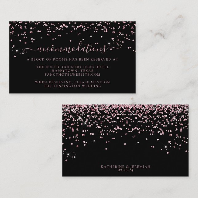 Black Rose Gold Pink Glitter Wedding Accommodation Enclosure Card (Front/Back)