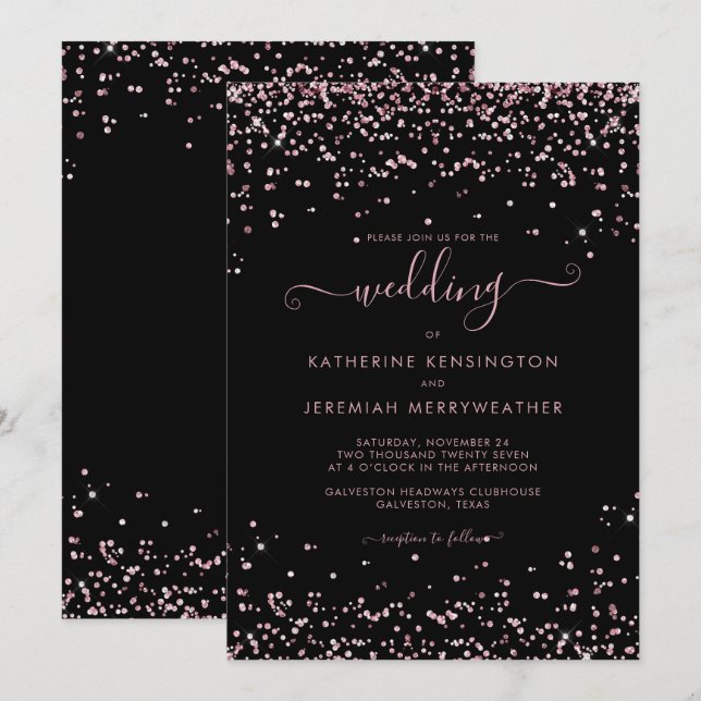 Black Rose Gold Pink Glitter Wedding Invitation (Front/Back)