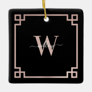 Black & Rose Gold Pink Greek Key Monogrammed  Ceramic Ornament