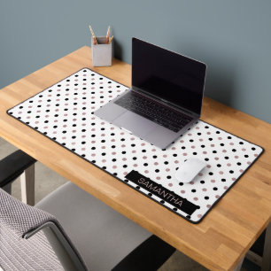 Black & Rose Gold Polka Dots in a White Background Desk Mat